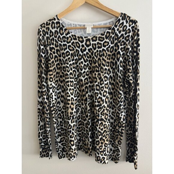 Chico's Animal Print Pullover Top Three Buttons on Sleeve Tan and Black Large - Picture 1 of 11